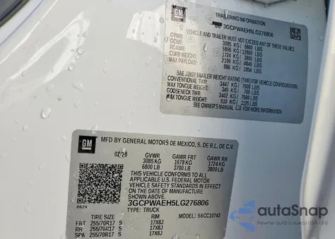 2020 Chevrolet Silverado C1500 z USA, uszkodzony, nr VIN 3GCPWAEH5LG276806